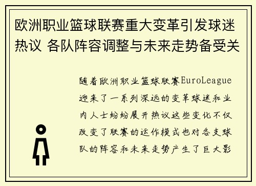 欧洲职业篮球联赛重大变革引发球迷热议 各队阵容调整与未来走势备受关注