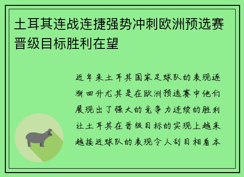 土耳其连战连捷强势冲刺欧洲预选赛晋级目标胜利在望