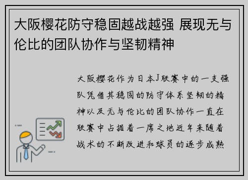 大阪樱花防守稳固越战越强 展现无与伦比的团队协作与坚韧精神