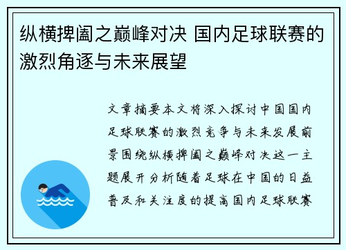 纵横捭阖之巅峰对决 国内足球联赛的激烈角逐与未来展望