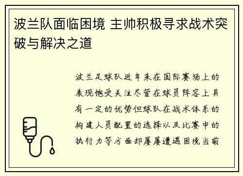 波兰队面临困境 主帅积极寻求战术突破与解决之道