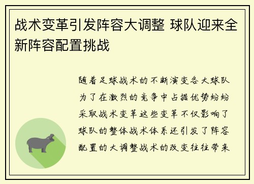 战术变革引发阵容大调整 球队迎来全新阵容配置挑战